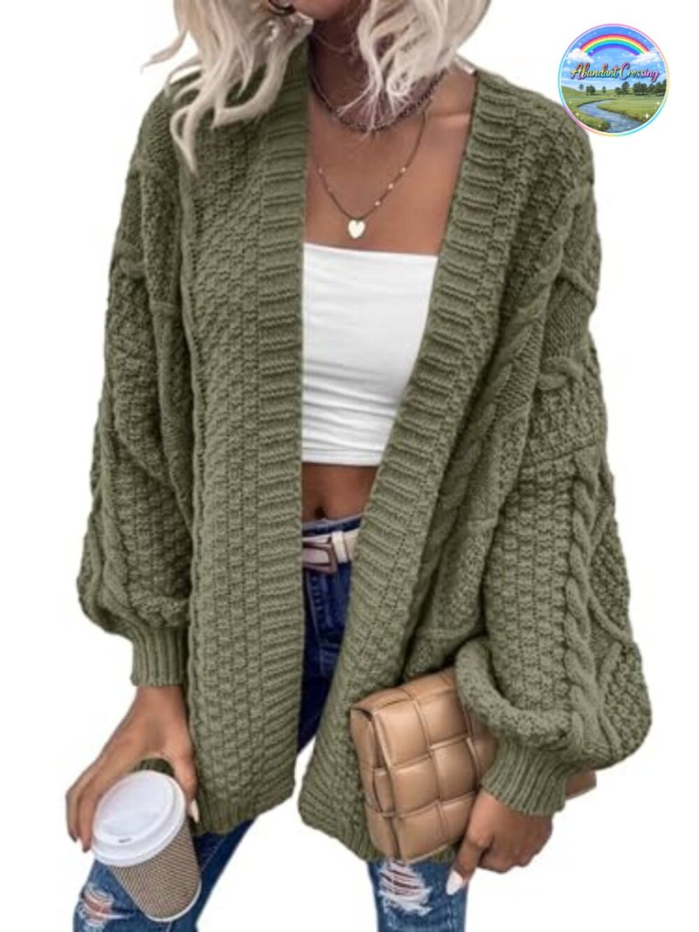 Oversized Cable Knit Women's Cardigan Sweater Long Sleeve Lantern Sleeve Crew